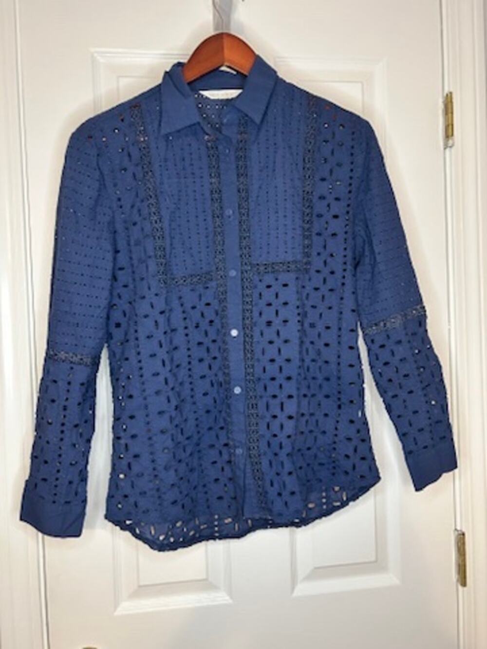 Adiva Womens M Blue Cotton Eyelet Lace Button Front Blouse Boho Cottagecore